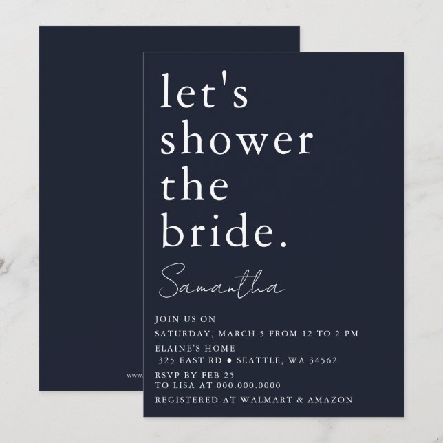 Navy Simple Elegant Modern Bridal Shower Invitation (Front/Back)