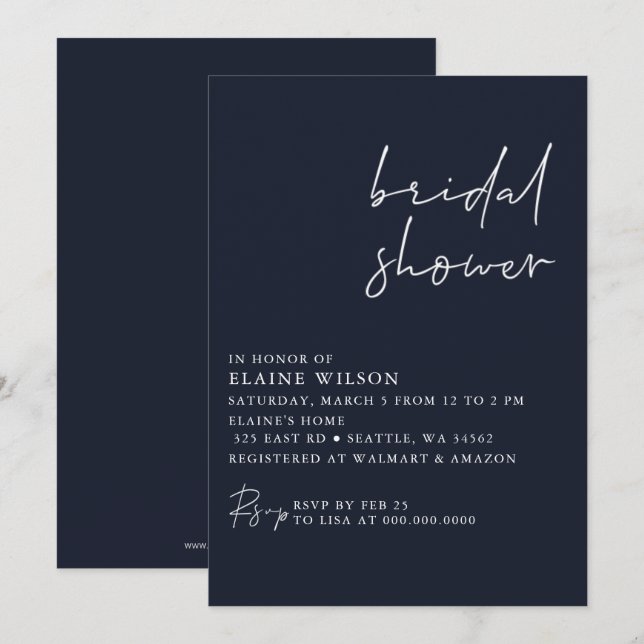 Navy Simple Elegant Modern Bridal Shower Invitation (Front/Back)