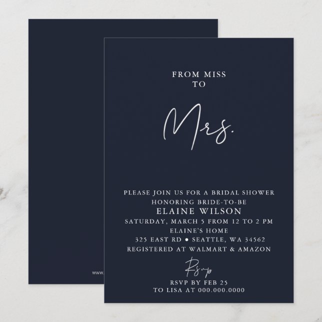 Navy Simple Elegant Modern Bridal Shower Invitation (Front/Back)