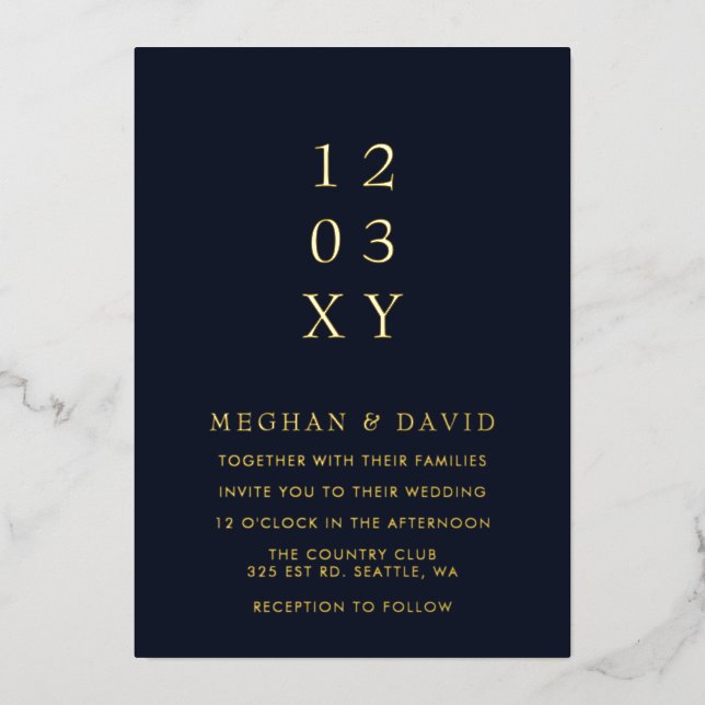 Navy Simple Elegant Modern Wedding  Foil Invitation (Front)