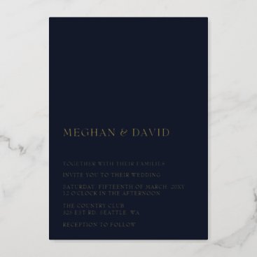 Navy Simple Elegant Modern Wedding  Foil Invitation