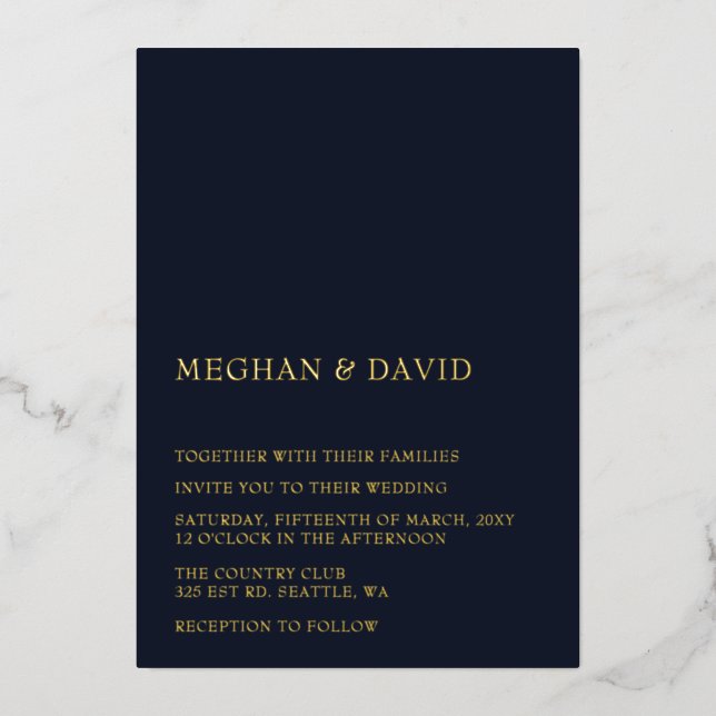 Navy Simple Elegant Modern Wedding  Foil Invitation (Front)