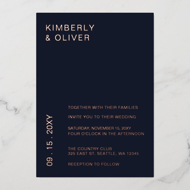 Navy Simple Elegant Modern Wedding Invitation Foil Invitation (Front)