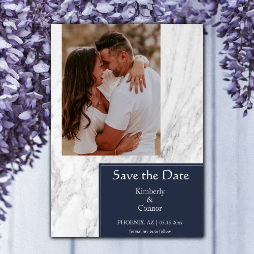 Navy Simple Marbled Photo Save The Date
