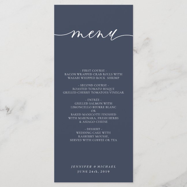 Navy Simple Modern Wedding Ceremony Dinner Menu