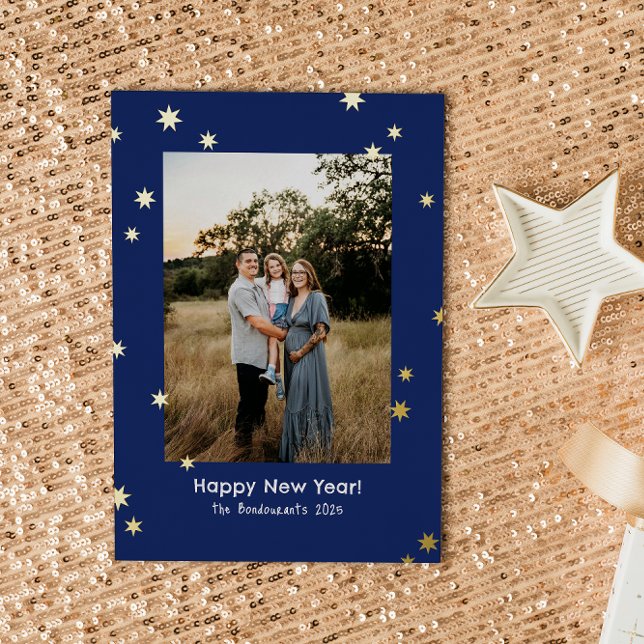 Navy Simple Shiny Stars One Photo Happy New Year Foil Holiday Card (navy blue with shiny gold foil stars simple new year photo card)