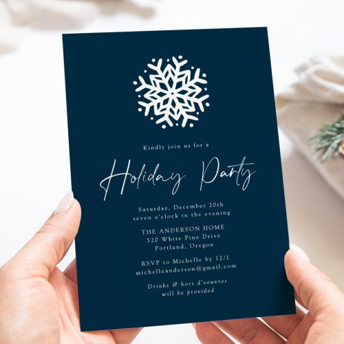 Navy Simple Snowflake Holiday Party Invitation