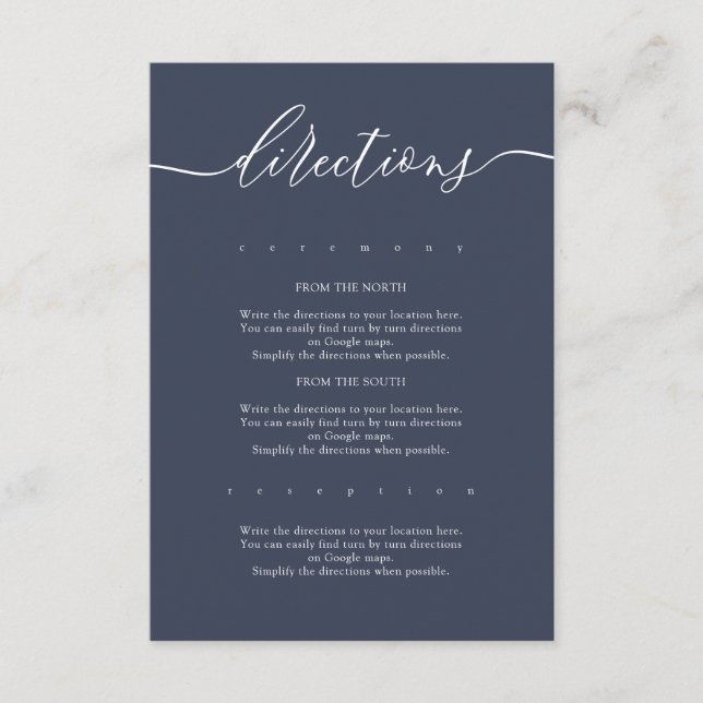 Navy Simple Wedding Directions Enclosure Card (Front)
