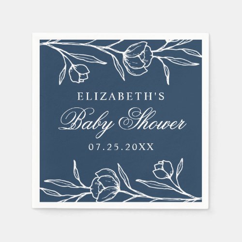 Navy Sketched Floral Baby Shower Napkins