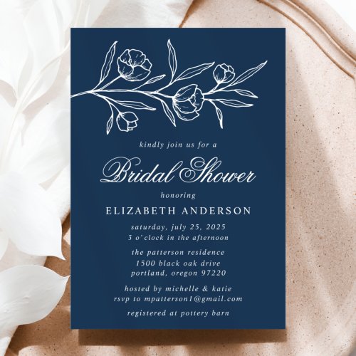 Navy Sketched Floral Bridal Shower Invitation