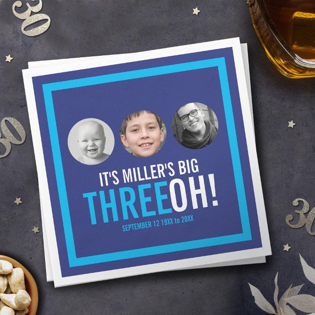 Navy sky blue 30th Three OH! photo birthday  Napkins (Creator Uploaded)