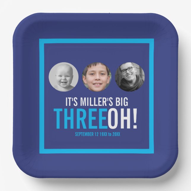 Navy sky blue 30th Three OH! photo birthday  Paper Plates (Front)