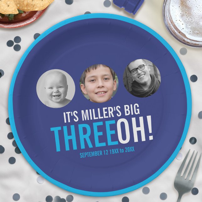 Navy sky blue 30th Three OH! photo birthday Paper Plates (Creator Uploaded)