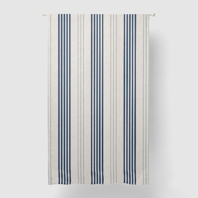 Navy Slate Ticking Stripe Linen Texture Blackout Curtains (Front)