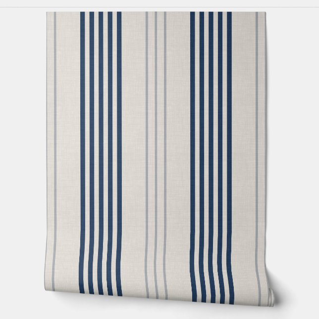 Navy Slate Ticking Stripe Linen Texture Wallpaper (Unrolling)