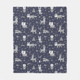 Navy Sleepy Woodland Critters Gender Neutral Fleece Blanket