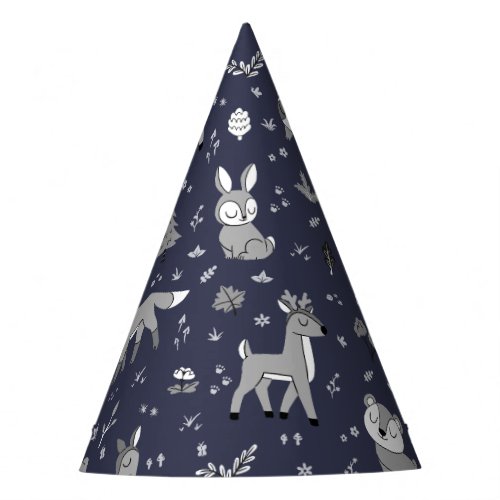 Navy Sleepy Woodland Critters Gender Neutral Party Hat