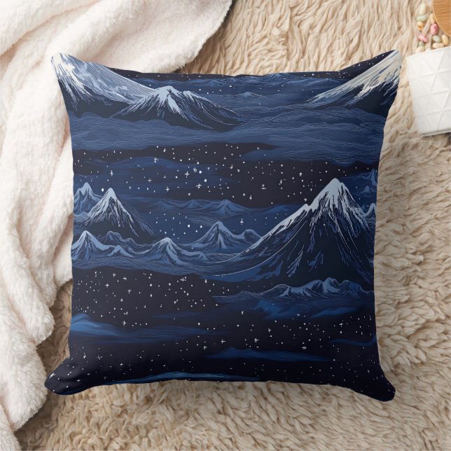 Navy Snow Mountain Starry Night Landscape Pattern Throw Pillow (Blanket)