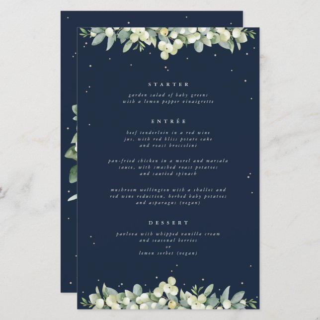 Navy Snowberry+Eucalyptus 3 Course Wedding Menu (Front/Back)