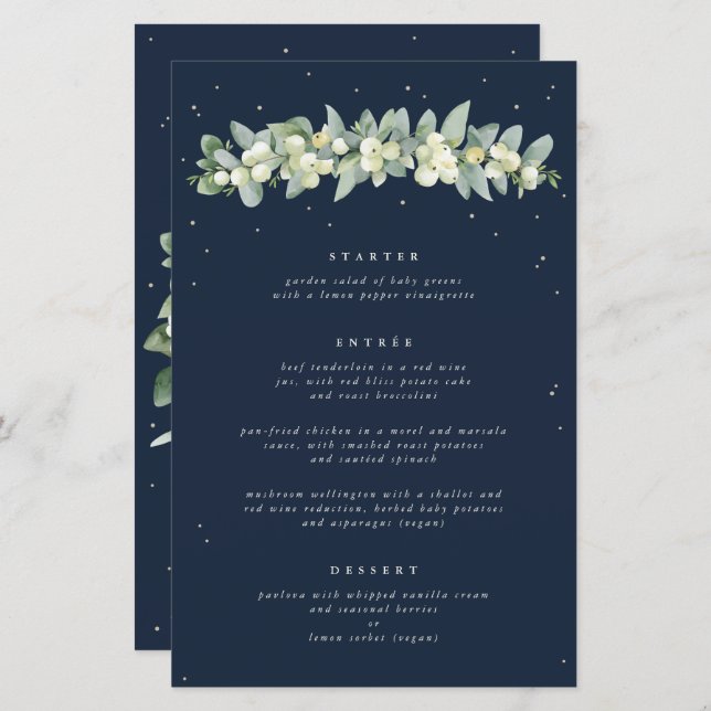 Navy Snowberry+Eucalyptus 3 Course Wedding Menu (Front/Back)