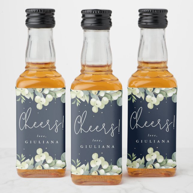Navy Snowberry+Eucalyptus Bachelorette Party Mini Liquor Bottle Label (Bottles)