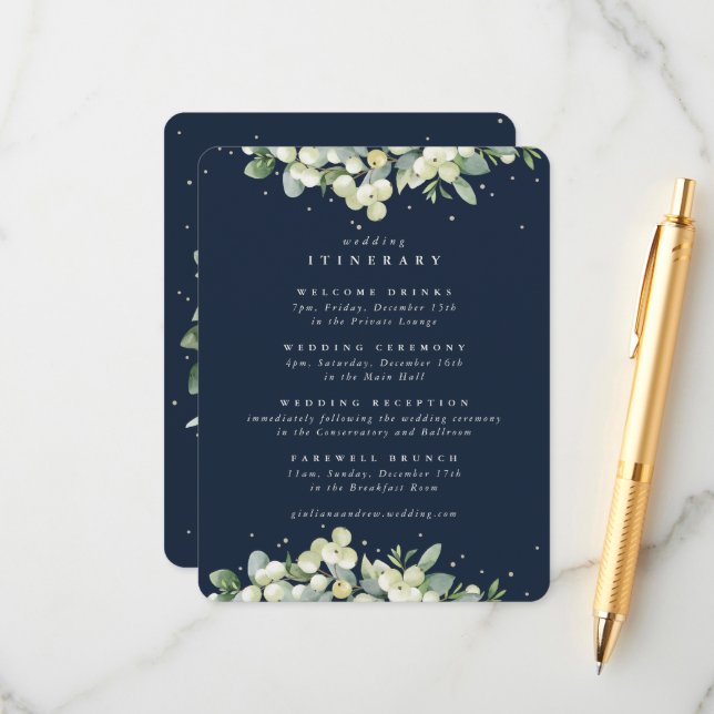 Navy Snowberry+Eucalyptus Edged Wedding Itinerary Enclosure Card (Front/Back In Situ)