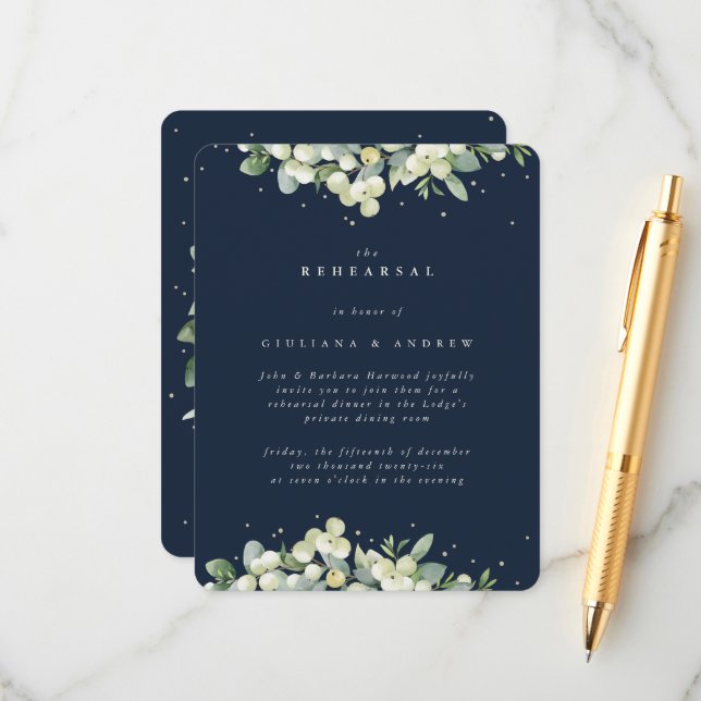 Navy Snowberry+Eucalyptus Edged Wedding Rehearsal Enclosure Card (Front/Back In Situ)