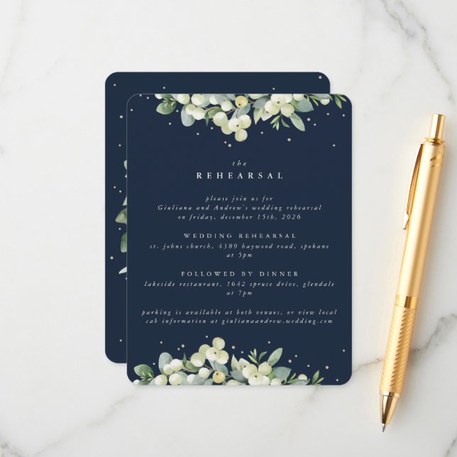 Navy Snowberry+Eucalyptus Edged Wedding Rehearsal Enclosure Card (Front/Back In Situ)