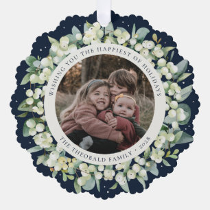 Navy Snowberry+Eucalyptus Holiday Wreath Photo  Ornament Card