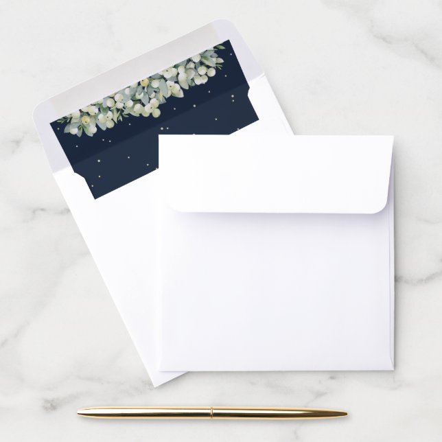 Navy Snowberry+Eucalyptus Square (5.25" cards) Envelope Liner (Desk)