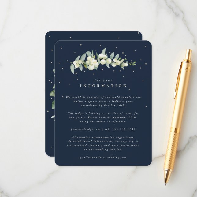 Navy Snowberry+Eucalyptus Stem Wedding Details Enclosure Card (Front/Back In Situ)