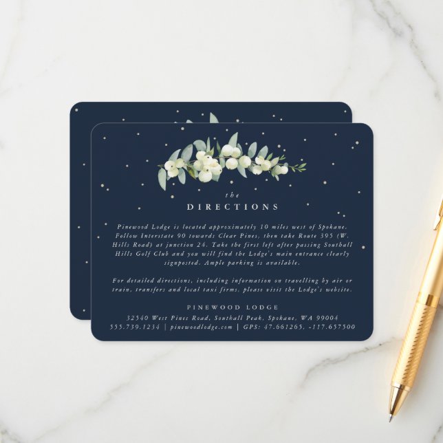 Navy Snowberry+Eucalyptus Stem Wedding Directions Enclosure Card (Front/Back In Situ)