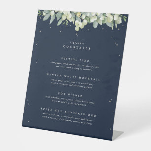 Navy Snowberry+Eucalyptus Wedding Drinks Menu Pedestal Sign
