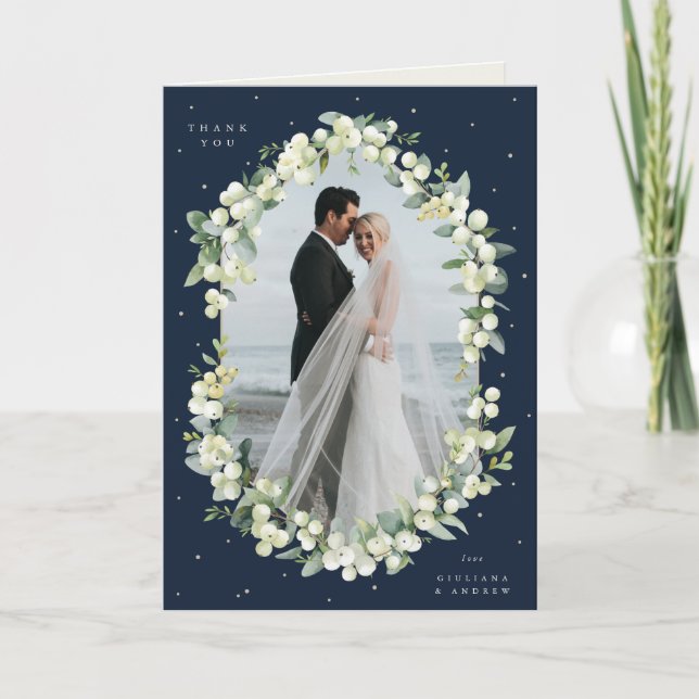 Navy Snowberry+Eucalyptus Wedding Photo Folded Thank You Card (Front)