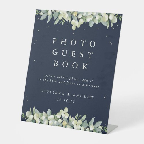 Navy SnowberryEucalyptus Wedding Photo Guest Book Pedestal Sign