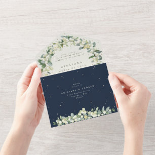 Navy Snowberry+Eucalyptus Wedding Reception Only All In One Invitation