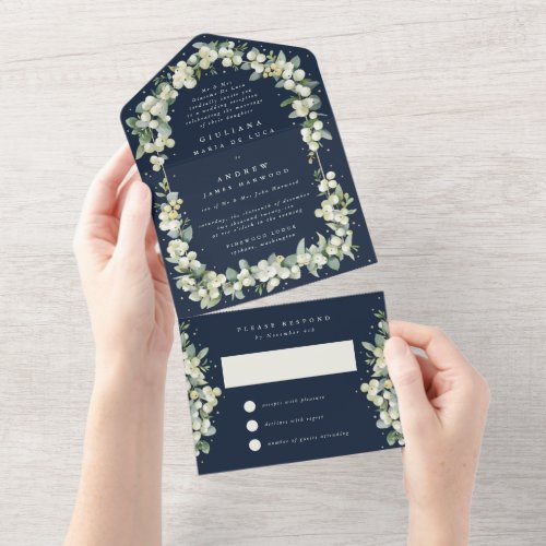 Navy SnowberryEucalyptus Wedding Reception Only All In One Invitation
