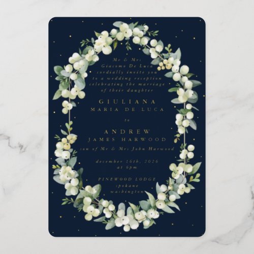 Navy SnowberryEucalyptus Wedding Reception Only Foil Invitation