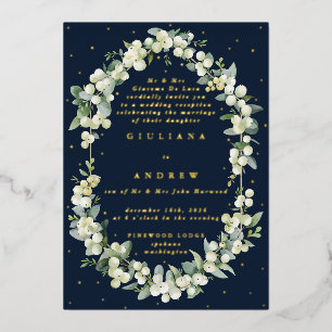 Navy Snowberry+Eucalyptus Wedding Reception Only Foil Invitation