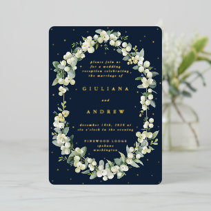 Navy Snowberry+Eucalyptus Wedding Reception Only Foil Invitation