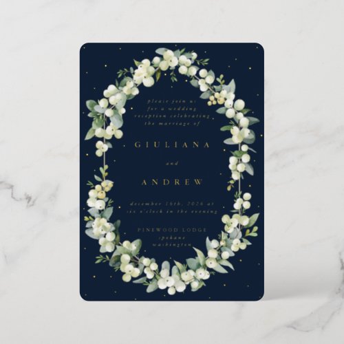 Navy SnowberryEucalyptus Wedding Reception Only Foil Invitation