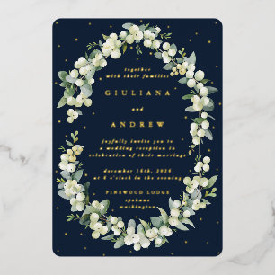 Navy Snowberry+Eucalyptus Wedding Reception Only Foil Invitation