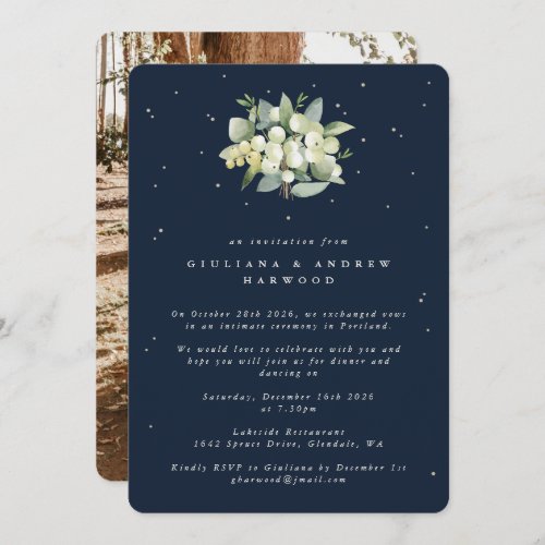 Navy SnowberryEucalyptus Wedding Reception Photo Invitation