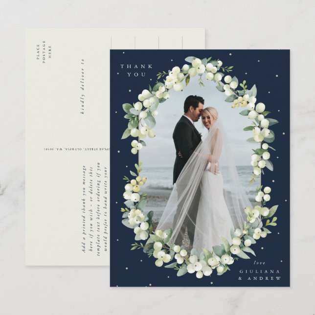 Navy Snowberry+Eucalyptus Wedding Thank You Photo Postcard (Front/Back)