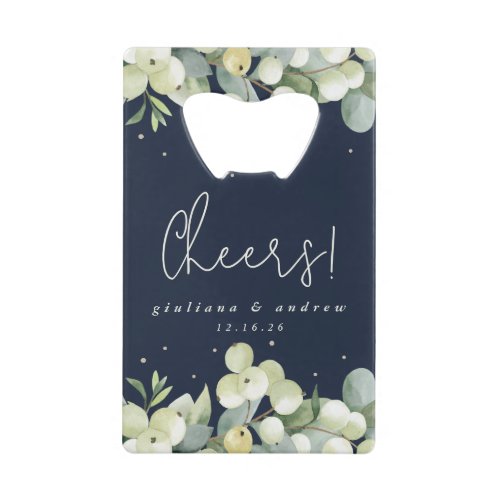 Navy SnowberryEucalyptus Winter Wedding Mini Credit Card Bottle Opener