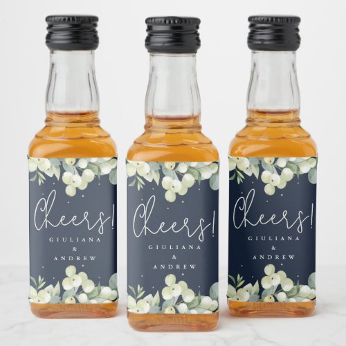 Navy SnowberryEucalyptus Winter Wedding Mini Liquor Bottle Label