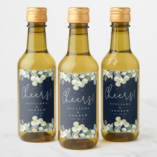 Navy Snowberry+Eucalyptus Winter Wedding Mini Wine Label (Bottles)