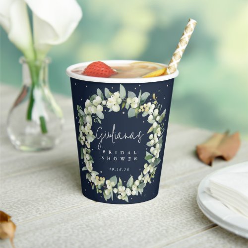 Navy SnowberryEucalyptus Wreath Bridal Shower Paper Cups