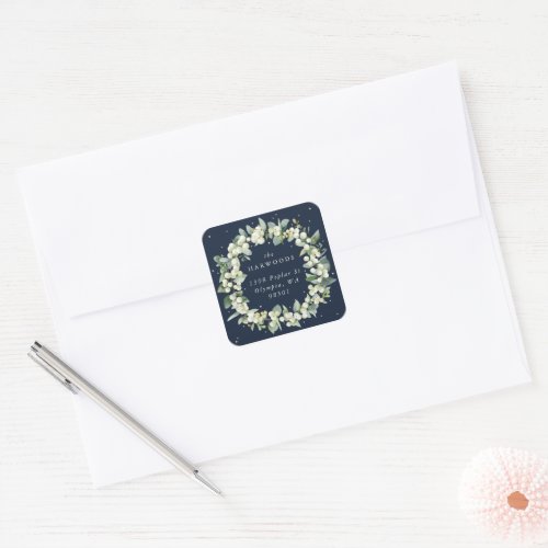 Navy SnowberryEucalyptus Wreath Wedding Address Square Sticker