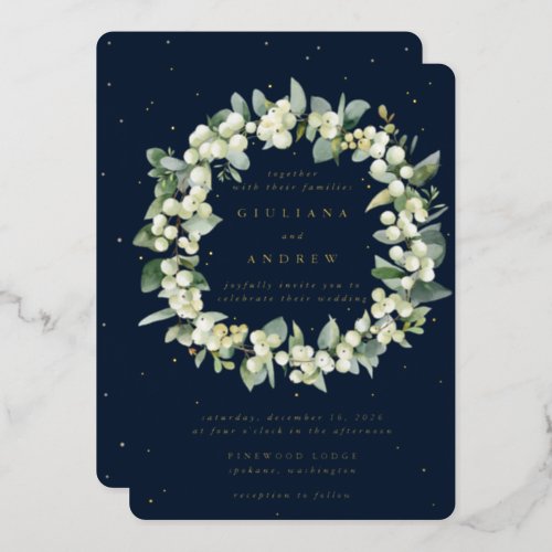 Navy SnowberryEucalyptus Wreath Winter Wedding Foil Invitation